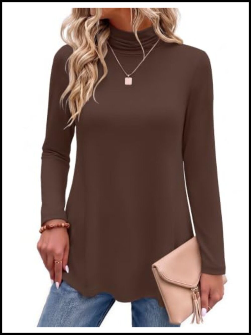 Long Sleeve Turtleneck Tunic Top Women's Casual Loose Fit Office Wear Stretch